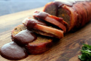 skinnymixer's Bacon Wrapped Meatloaf with Smokey BBQ Sauce 
