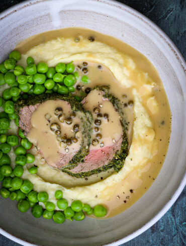 Herb Crusted Beef with Peppercorn Sauce