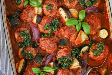 The Healthy Mix Dinners Tuscan Meatball Bake with Pesto