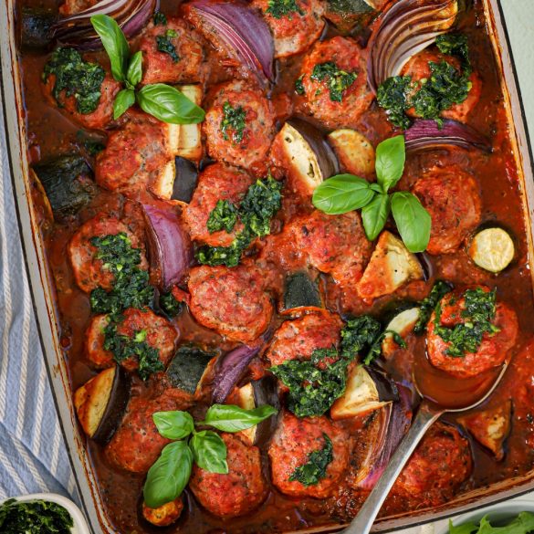 The Healthy Mix Dinners Tuscan Meatball Bake with Pesto