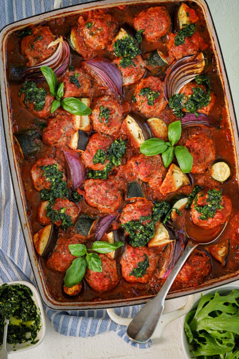 The Healthy Mix Dinners Tuscan Meatball Bake with Pesto