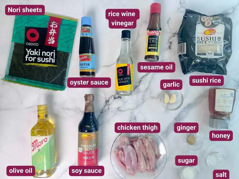 What you will need to make the Honey Soy Chicken Sushi in SkinnyAsia