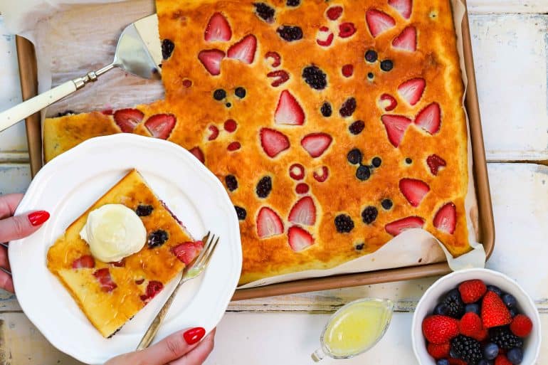 Tray Bake Berry Pancakes with Sweet Lemon Sauce