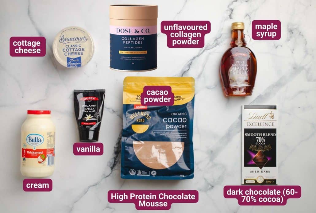 This shows the ingredients used to make the High Protein Chocolate Mousse in the Dinners 3 Cookbook