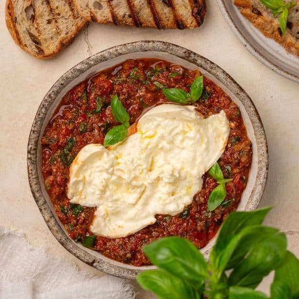 Skinnymixers Burrata with Mediterranean Pesto from SkinnyMediterranean.