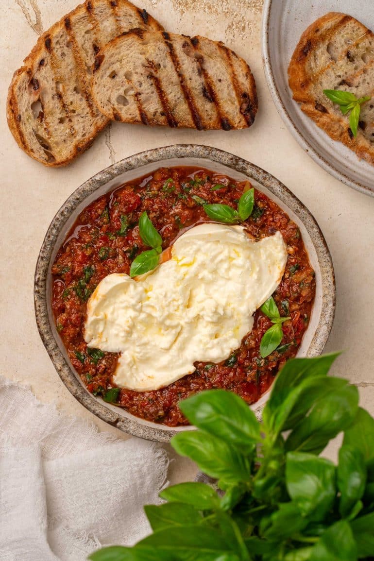 Skinnymixers Burrata with Mediterranean Pesto from SkinnyMediterranean.