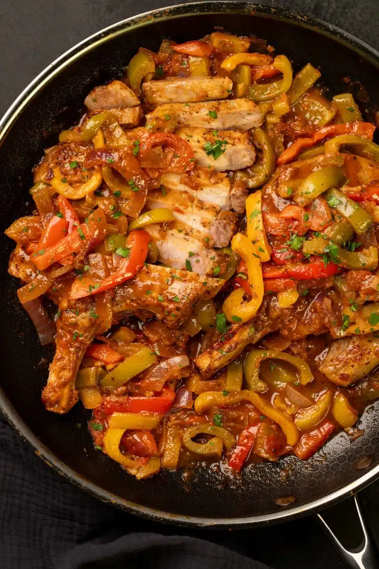 Skinnymixers Pork Chop with Peperonata from SkinnyMediterranean.