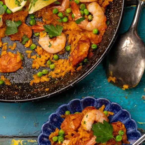 Skinnymixers Prawn & Chorizo Paella Bake from SkinnyMediterranean.