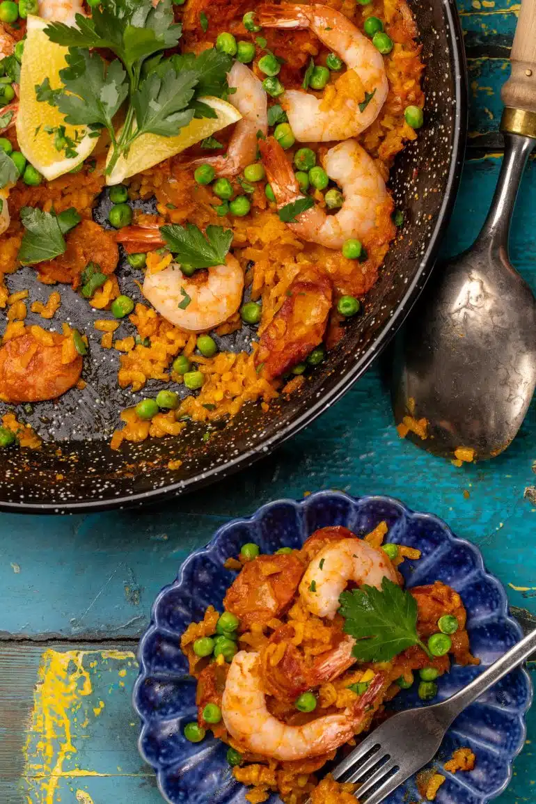 Skinnymixers Prawn & Chorizo Paella Bake from SkinnyMediterranean.