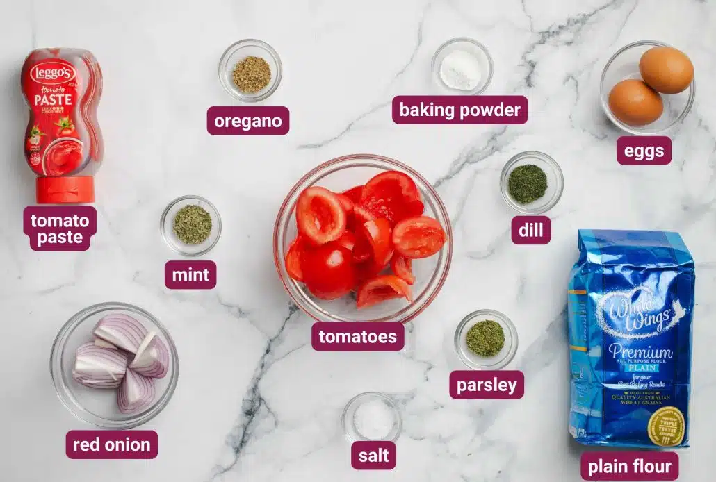 Ingredients you need to make Santorini Tomato Fritters from SkinnyMediterranean.