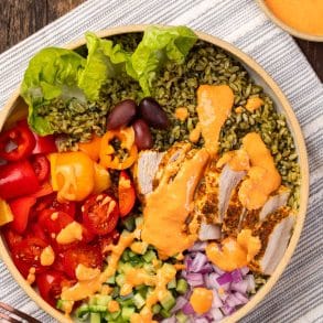 Chicken Souvlaki Spinach Rice Bowl with Spicy Feta Dressing