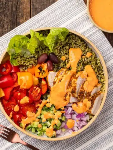Chicken Souvlaki Spinach Rice Bowl with Spicy Feta Dressing
