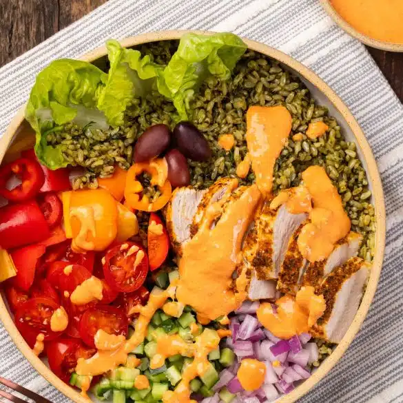 Chicken Souvlaki Spinach Rice Bowl with Spicy Feta Dressing