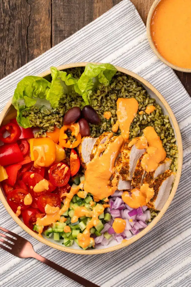 Chicken Souvlaki Spinach Rice Bowl with Spicy Feta Dressing