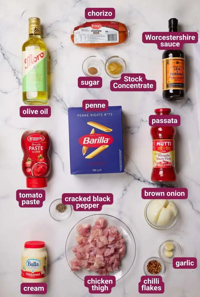 What you will need to make Chicken & Chorizo Rose Pasta from Dinners 4