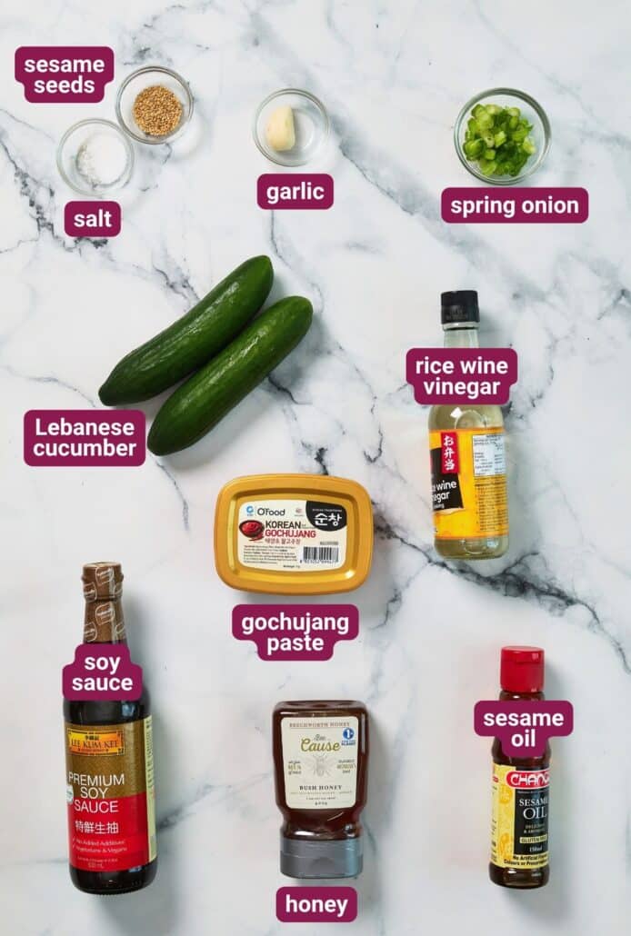 What you will need to make Cheat’s Cucumber Kimchi (Korean Marinated Cucumber Banchan) from SkinnyAsia2