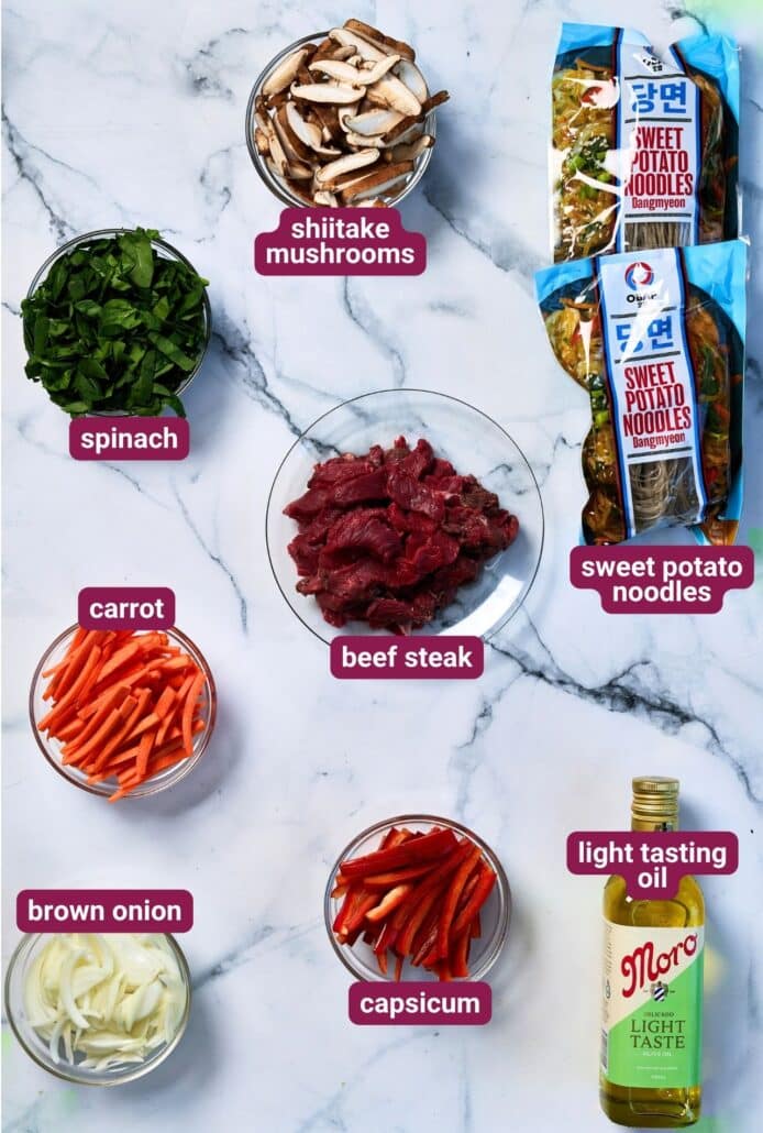 What you will need to make Japchae (Korean Glass Noodle Stir Fry) from SkinnyAsia2