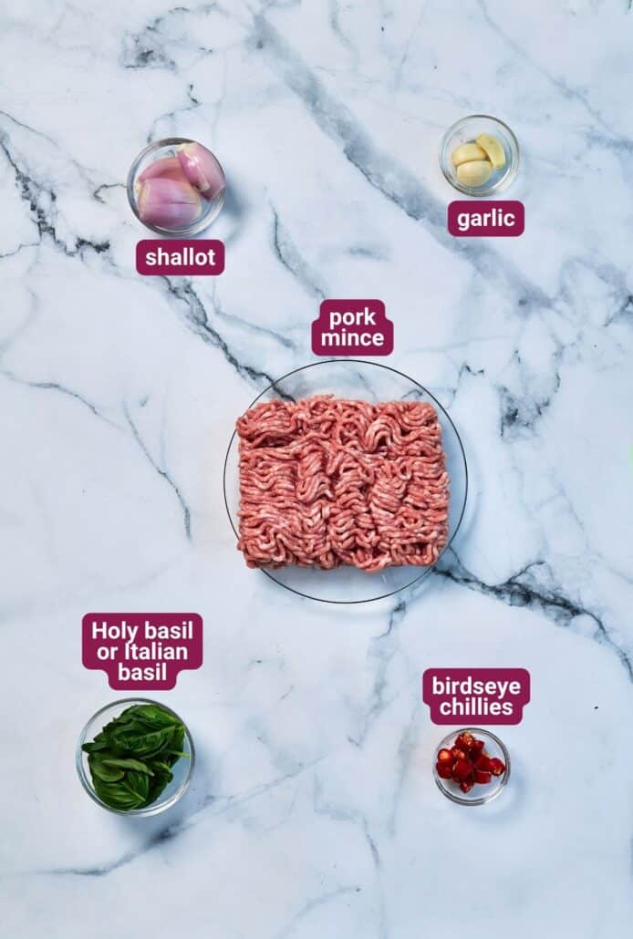 What you will need to make Pad Kra Pao (Holy Basil Mince Stir Fry) from SkinnyAsia2